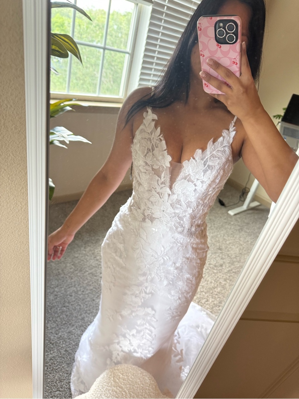 June Bridal- White Lace Mermaid Wedding Dress with Plunging V-Neck